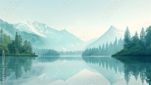 Serene Mountain Lake Reflection with Snowy Peaks and Lush Forest Scene