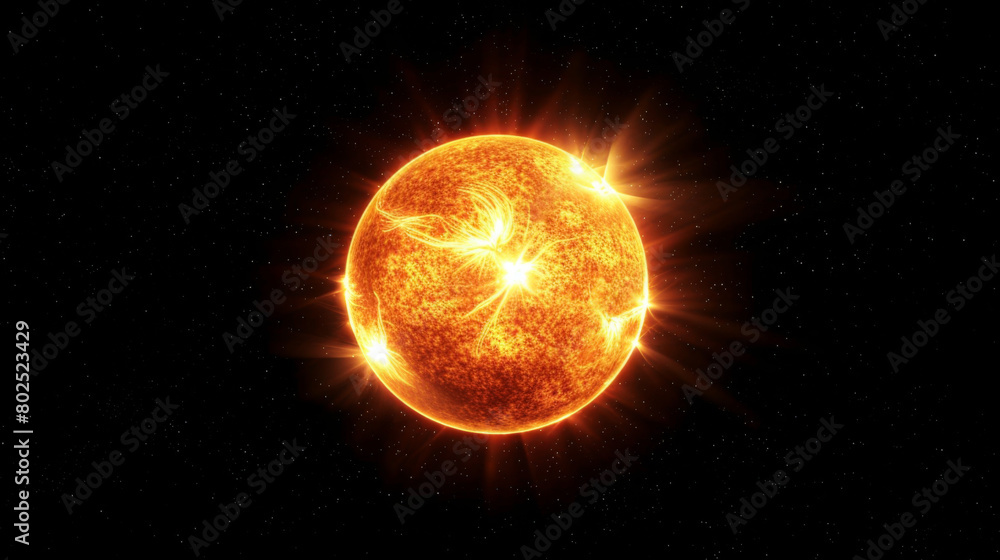 The sun, bright looking planet with fire and glowing surface on a black background