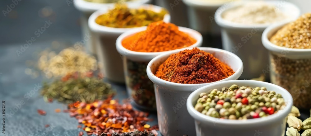 Various kinds of kitchen spices are stored in cups
