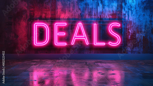 Glowing Neon Pink Deals Sign on Rusty Blue Urban Wall with Reflection