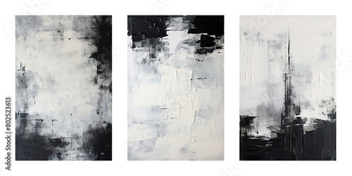 set of three black and white abstract oil painting on canvas  acrylic texture background  wave rough brushstrokes of paint