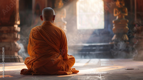 Meditating Monk in Orange Robe Sunlit Temple Peaceful Reflection