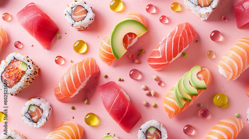 Assorted Fresh Sushi Set on Pink Background with Sesame and Soy Droplets Assorted Fresh Sushi Set on Pink Background with Sesame and Soy Droplets