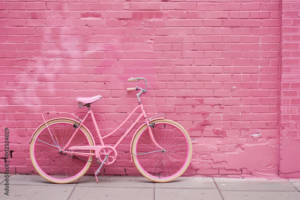 A pink bicycle parked against a pink brick wall. A pink bicycle parked against a pink brick wall.