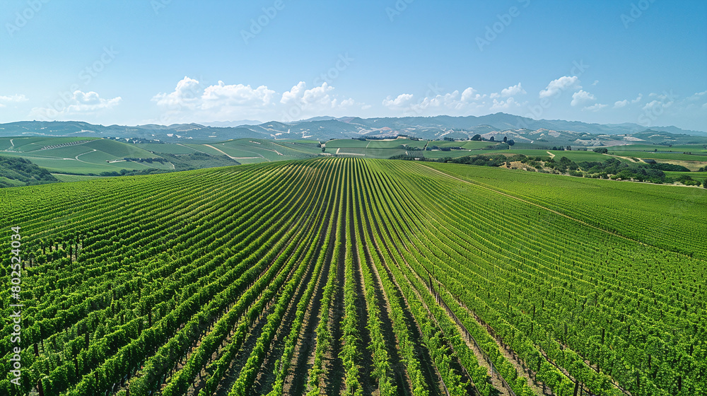Sunlit Vineyard Rows Stretching Towards Hills Under Clear Blue Sky Sunlit Vineyard Rows Stretching Towards Hills Under Clear Blue Sky
