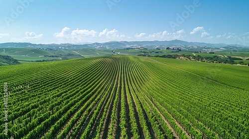 Sunlit Vineyard Rows Stretching Towards Hills Under Clear Blue Sky