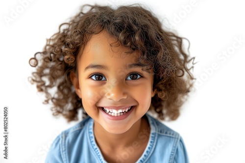 Smiling Girl Happy Portrait of a Children, White Background Studio Photo of Cheerful People Showing Emotion, Female Child Hair Fashion Clothing Model