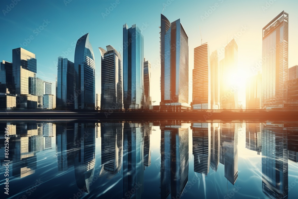 futuristic city with skyscrapers and reflections futuristic city with skyscrapers and reflections