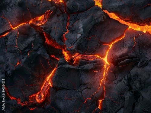 Close-up of fiery lava cracks weaving through dark cooled lava surfaces, representing natural power and geological activity.