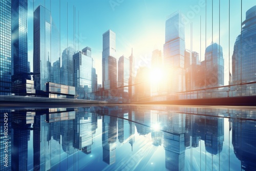futuristic city with skyscrapers and reflections