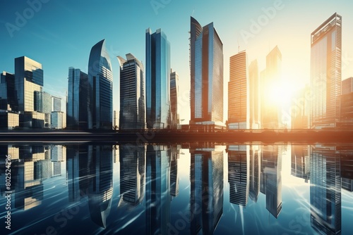 futuristic city with skyscrapers and reflections