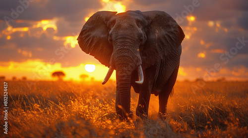 Majestic African Elephant Walking at Sunset in Golden Savannah Light © Kiss