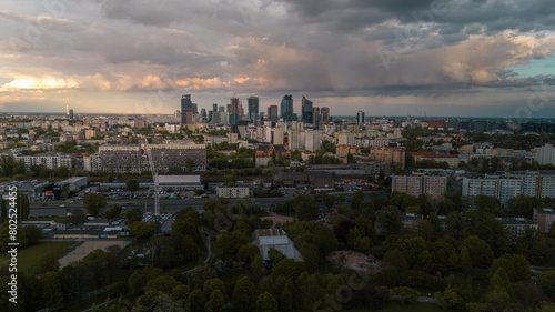 aerial view of Warsaw city center in Poland at sunset