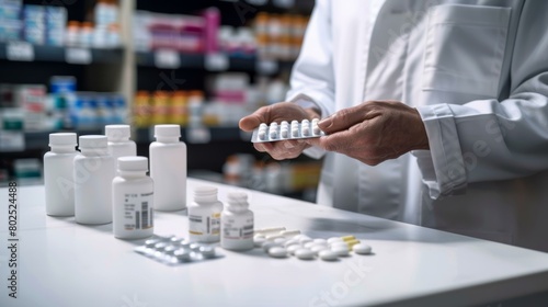 Efficient pharmacist organizing various medications on counter in modern pharmacy, promoting healthcare and patient safety. photo