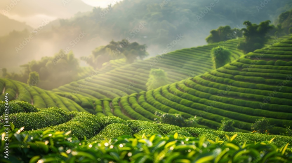 Beautiful morning light over lush green tea plantation hills, evoking peace and growth, ideal for natural beauty themes. Copy space.