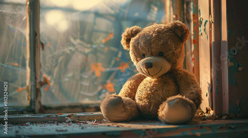 Warm Golden Light on Teddy Bear in Abandoned House with Autumn Leaves