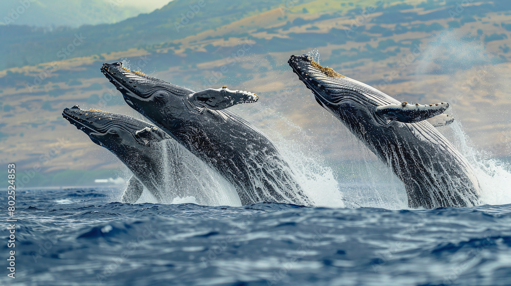 Fototapeta premium Three Humpback Whales Leaping from Ocean Water Against Mountain Background