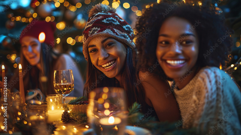 Joyful Friends Celebrating Christmas Festive Dinner With Candles and Tree Lights Joyful Friends Celebrating Christmas Festive Dinner With Candles and Tree Lights