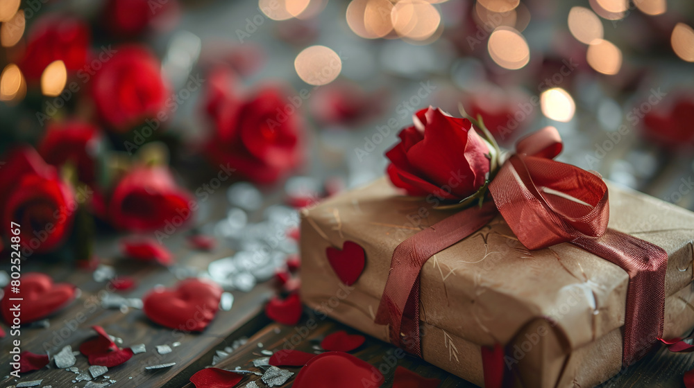 Romantic Red Roses and Heart Decorated Gift Box with Warm Bokeh Lights Romantic Red Roses and Heart Decorated Gift Box with Warm Bokeh Lights