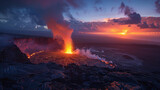 Sunset Eruption with Vibrant Lava Flow and Expansive Ash Cloud in Volcanic Landscape