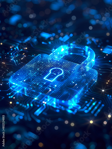 blue circuit board with cyber security concept, padlock