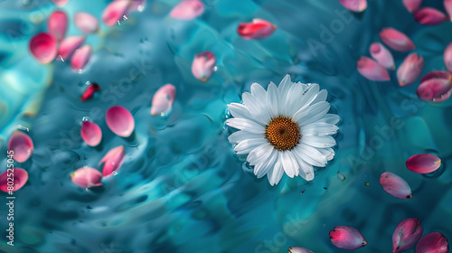 White Daisy Flower Floating in Serene Blue Water with Pink Petals