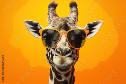 portrait of adorable happy giraffe wearing orange sunglasses on a bright orange background