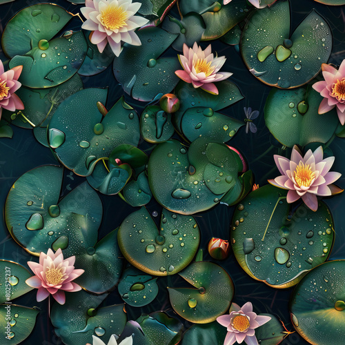 Seamless pattern of pink tender water lilies with green leaves in a lake in soft morning light