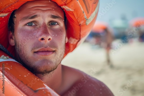 A young man with sunburnt skin relaxes on the beach wearing an orange lifesaver around his neck