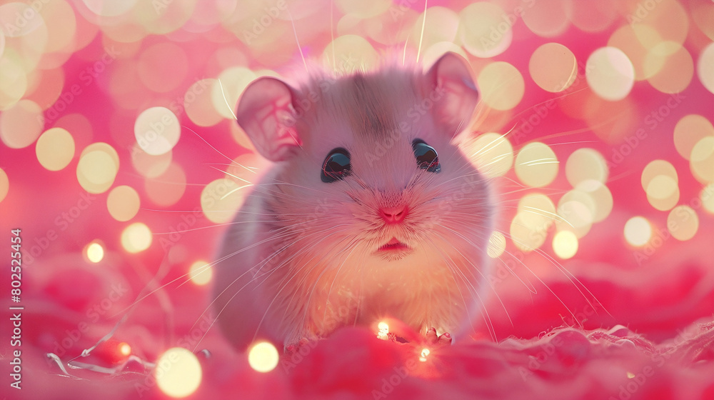Adorable Hamster on Pink Glowing Background with Festive Lights Adorable Hamster on Pink Glowing Background with Festive Lights