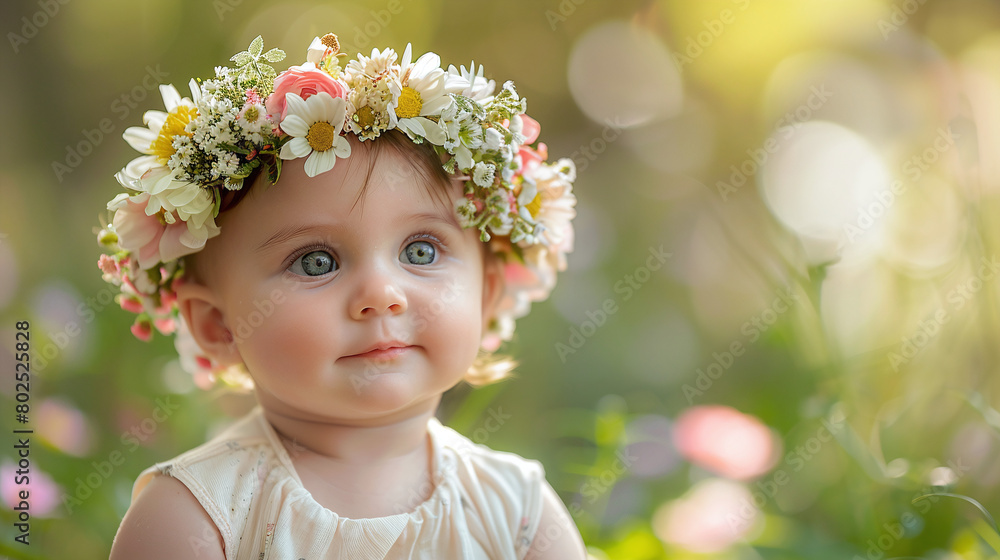 Adorable Baby Girl Wearing Flower Crown in Sunny Garden Setting Adorable Baby Girl Wearing Flower Crown in Sunny Garden Setting