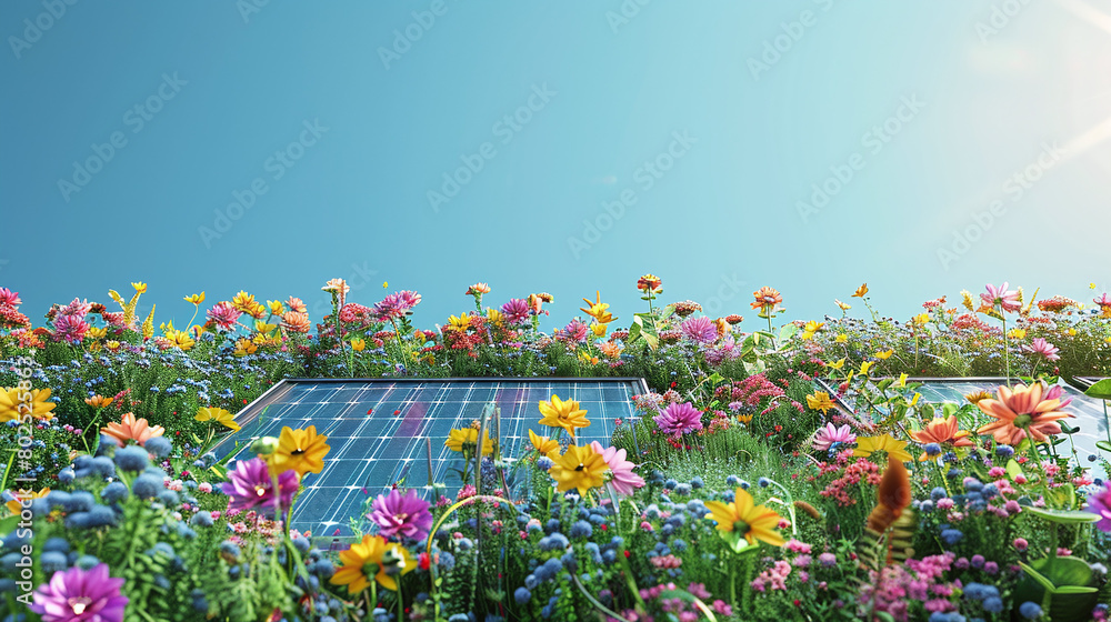 Solar Panel Amidst Vibrant Wildflowers Under Sunny Blue Sky