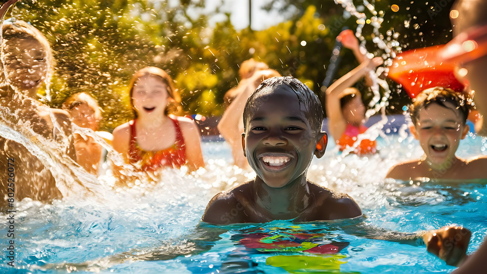 Happy Children splashing swimming in the pool on a sunny day World Laughter Day Happy Children splashing swimming in the pool on a sunny day World Laughter Day