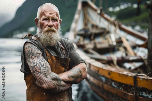Wallpaper Mural An old sailor with a wealth of tattoos poses beside a traditional wooden Viking ship, emanating wisdom Torontodigital.ca