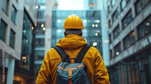 Construction Worker in Yellow Jacket and Helmet Looking at Modern Office Buildings
