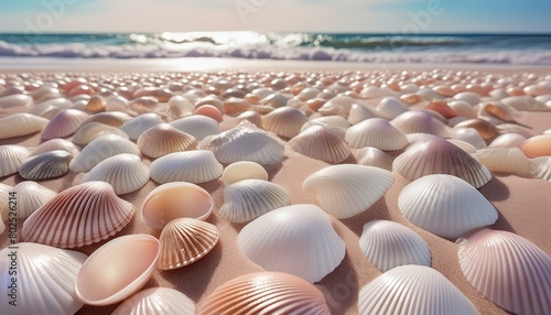 shells on the beach, background of a collection of shells on the beach and ocean waves photo
