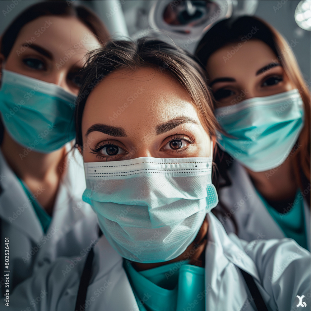 Dentist and assistants, facial masks, pov of client.