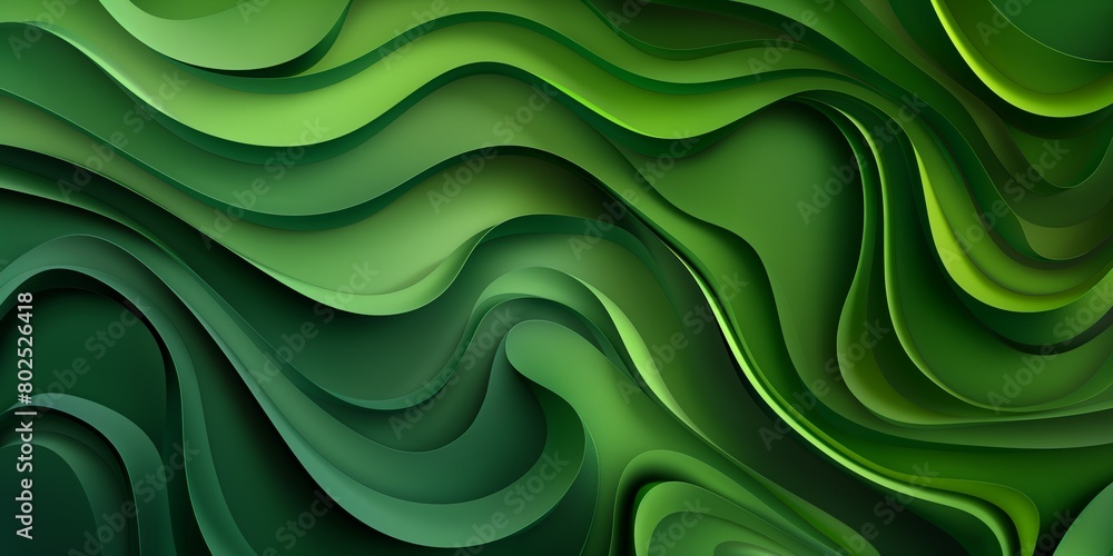 Abstract organic green graceful backgrounds with curves and flow, horizontal banner with waves. modern waves background illustration with dark green, olive drab and very dark green color.