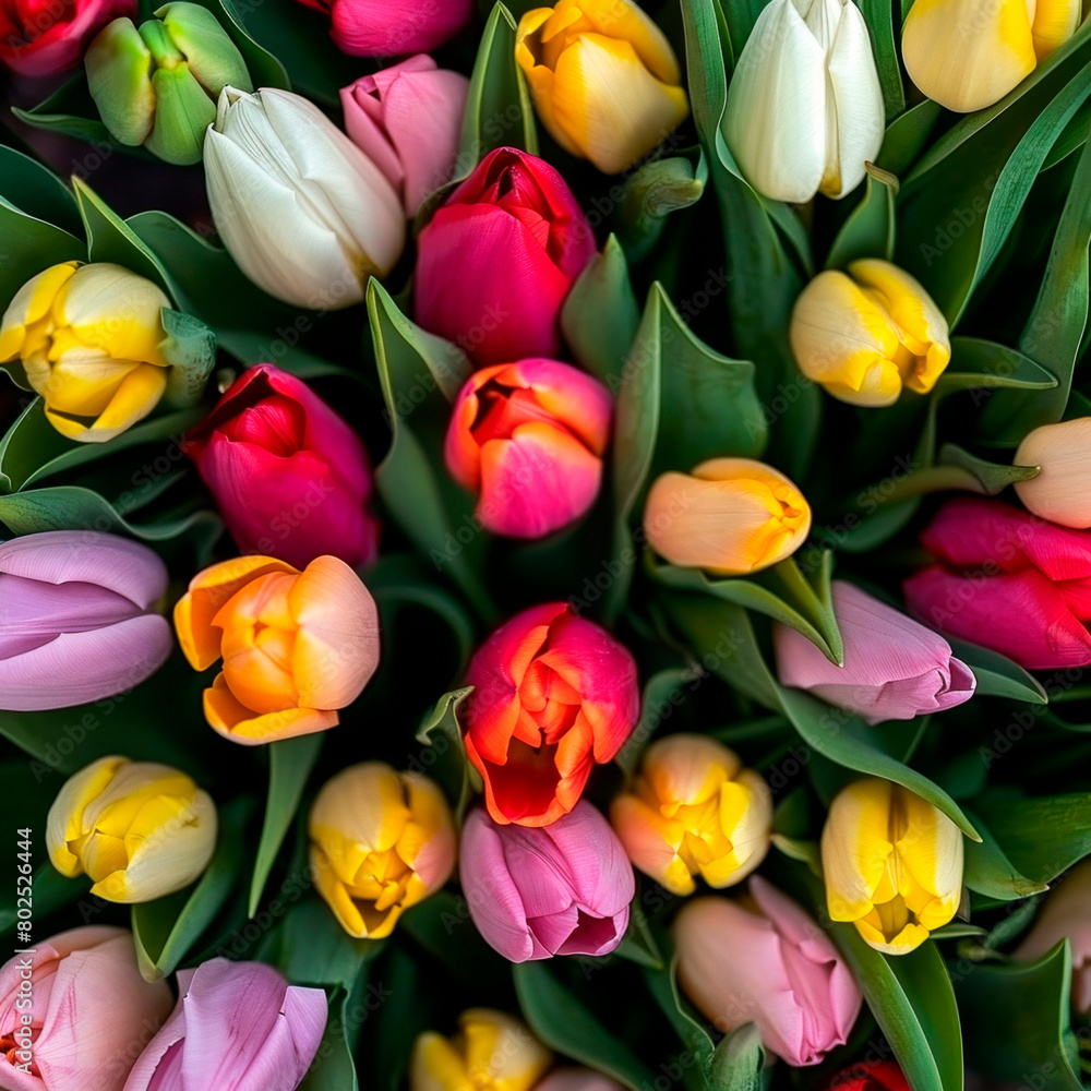 Fototapeta premium Colorful bouquet of colorfull tulips. Top view.