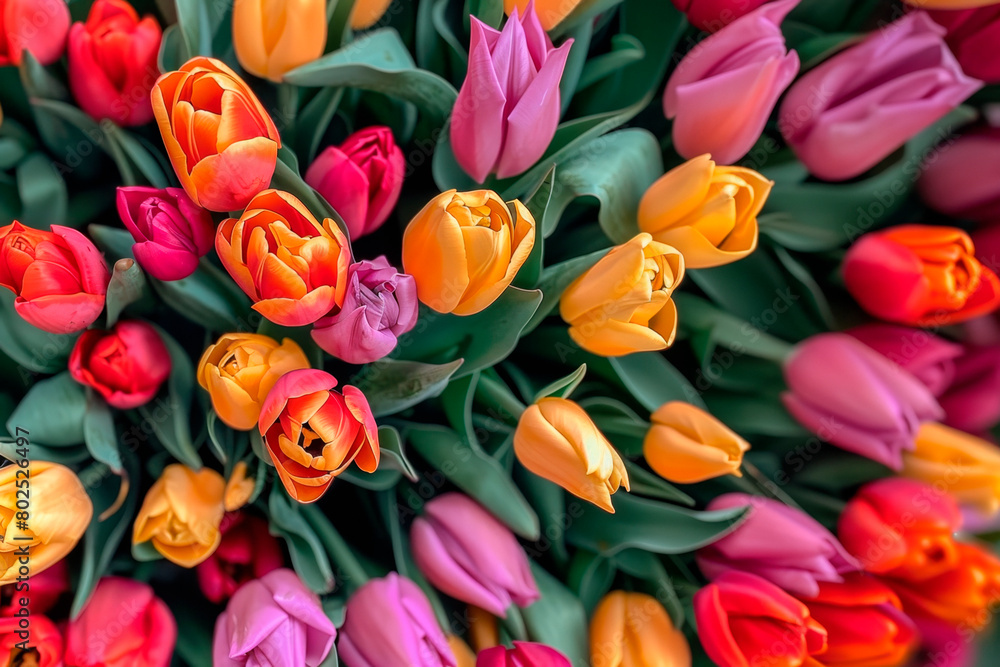 Obraz premium Colorful bouquet of colorfull tulips. Top view.