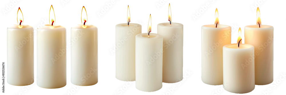Set of different white candles bundle on transparent png background. The candles are different designs in groups of three, with flame. Set of different white candles bundle on transparent png background. The candles are different designs in groups of three, with flame.
