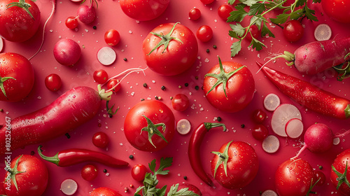 Fresh Red Tomatoes Radishes and Peppers with Water Droplets on Vibrant Background