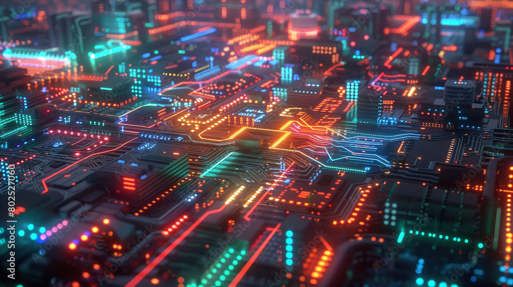 Futuristic Neon Circuit Board Cityscape with Glowing Red and Blue Lights Futuristic Neon Circuit Board Cityscape with Glowing Red and Blue Lights