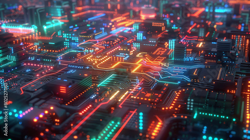 Futuristic Neon Circuit Board Cityscape with Glowing Red and Blue Lights