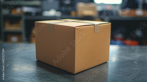 Brown Cardboard Box Sealed with Tape on Warehouse Table © Kiss