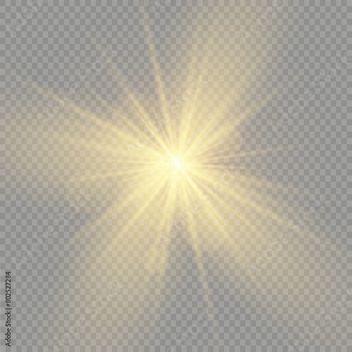 Bright Star. Transparent shining sun, bright flash. Sparks glitter special light effect. Sparkling magic dust particles. Vector illustration.