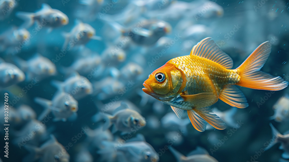 Naklejka premium Vibrant Golden Fish Leading School in Deep Blue Ocean Waters