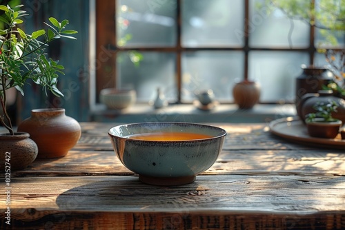 Tableware, Window, Wood, Table, Mixing bowl, Houseplant in front of window