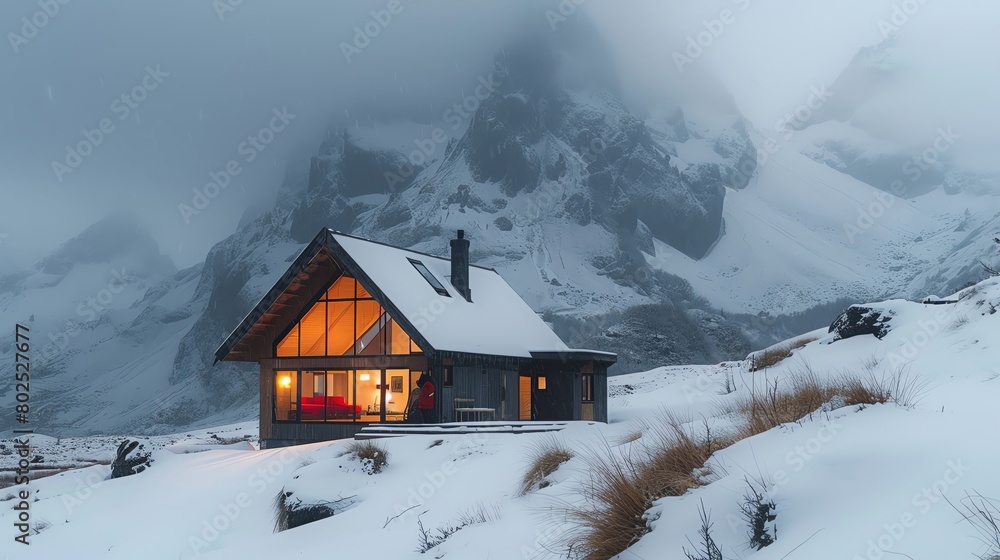 Silent retreat in a minimalist mountain cabin, snow gently falling outside, a haven of peace