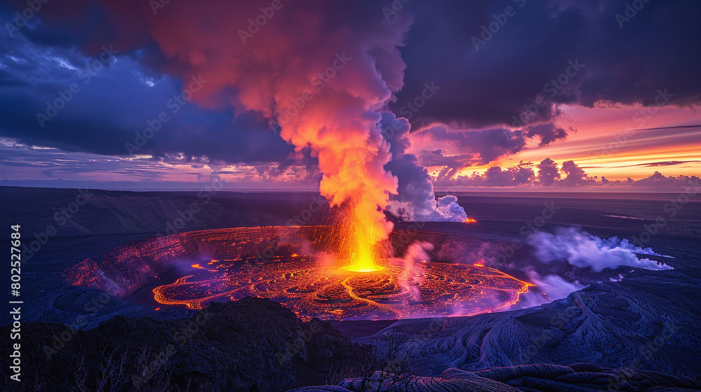 Spectacular Volcano Eruption at Sunset with Vivid Orange Lava Flow